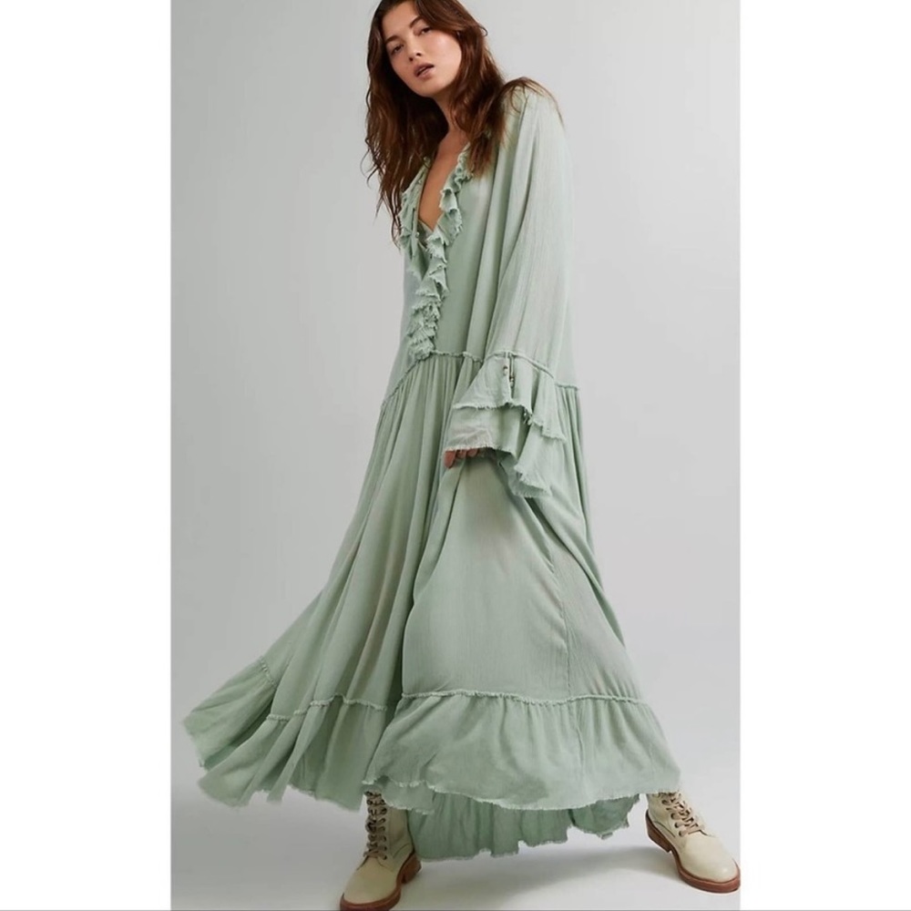FREE PEOPLE Sweet Darlin Boho Maxi Dress Jade Cottagecore Oversize S
